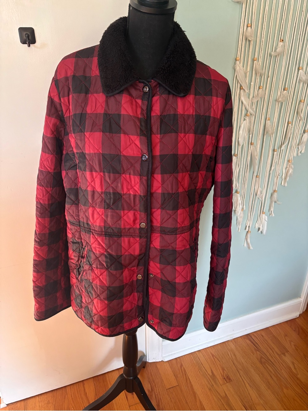 Lauren Ralph Lauren Women’s Red & Black Plaid Quilted Jacket with Faux Fur Colla
